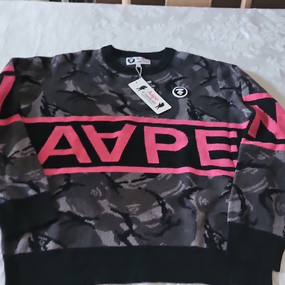 Aape By Bathing Ape Black and Pink Crewneck Sweater with Bold Camo Design